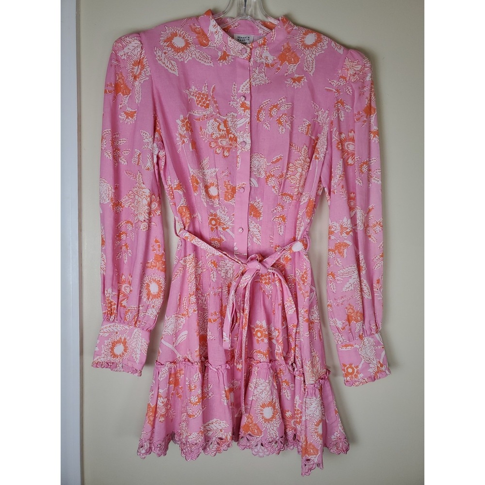 Hemant & Nandita Pink Floral‎ Linen Shirt Dress Medium Long Sleeve Prairie Boho